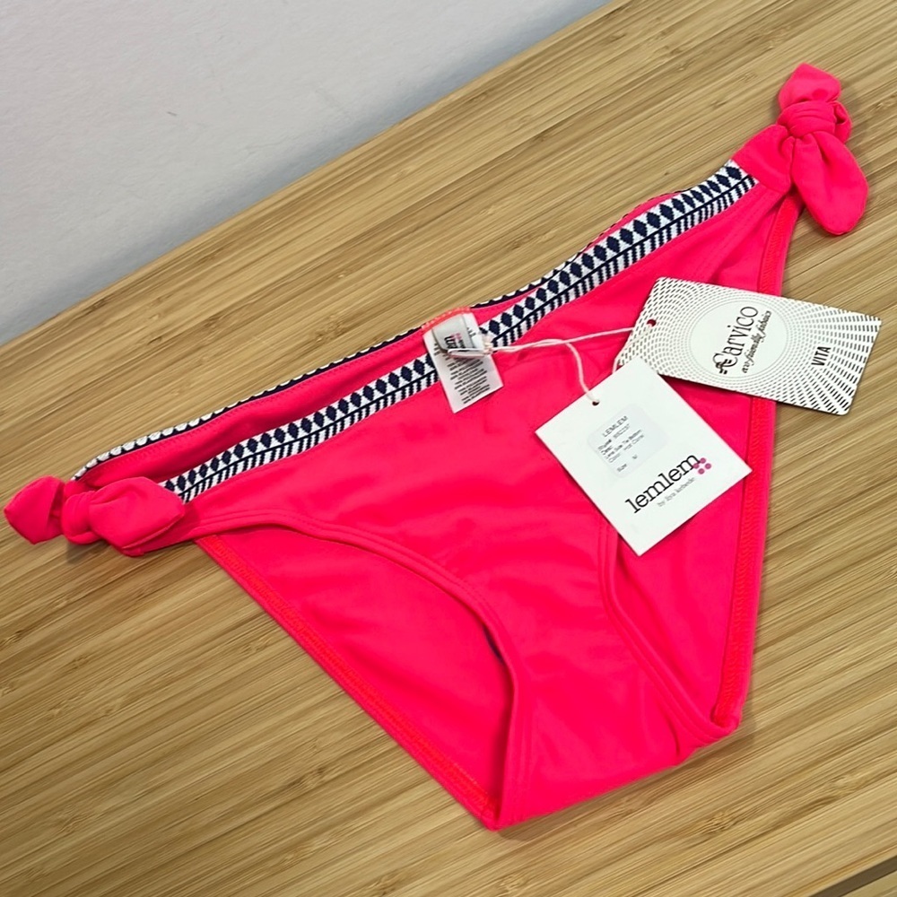 NEW Lemlem Hot Coral Pink Lena Side Tie Bottom Embroidered Diamond HR Bikini